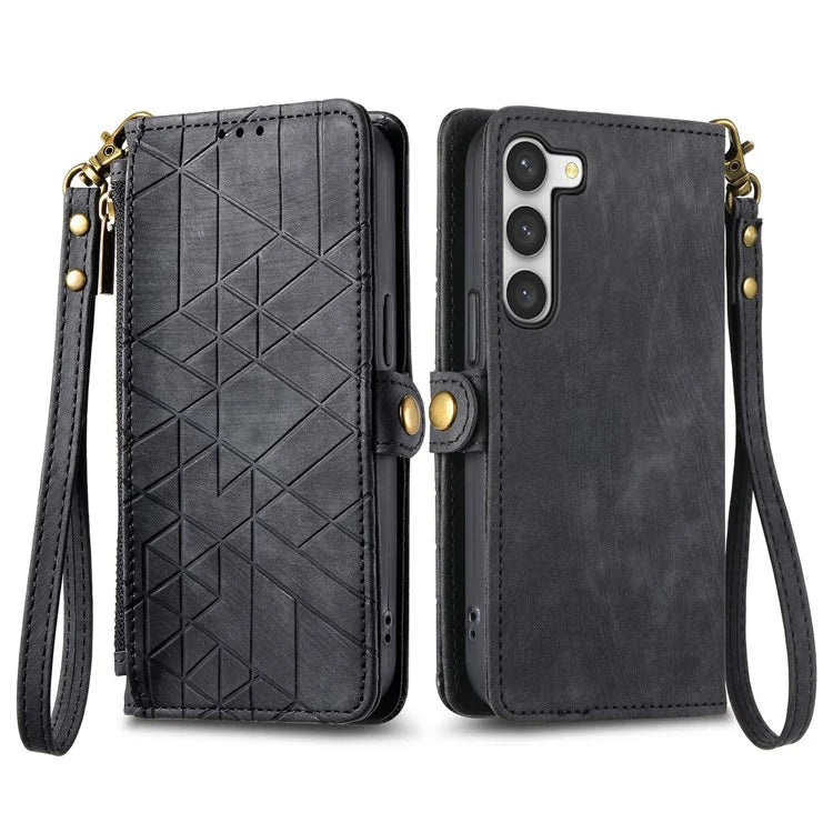 For Samsung Galaxy S23 Case Geometry Zipper Wallet Leather Phone Cover with Wrist Strap