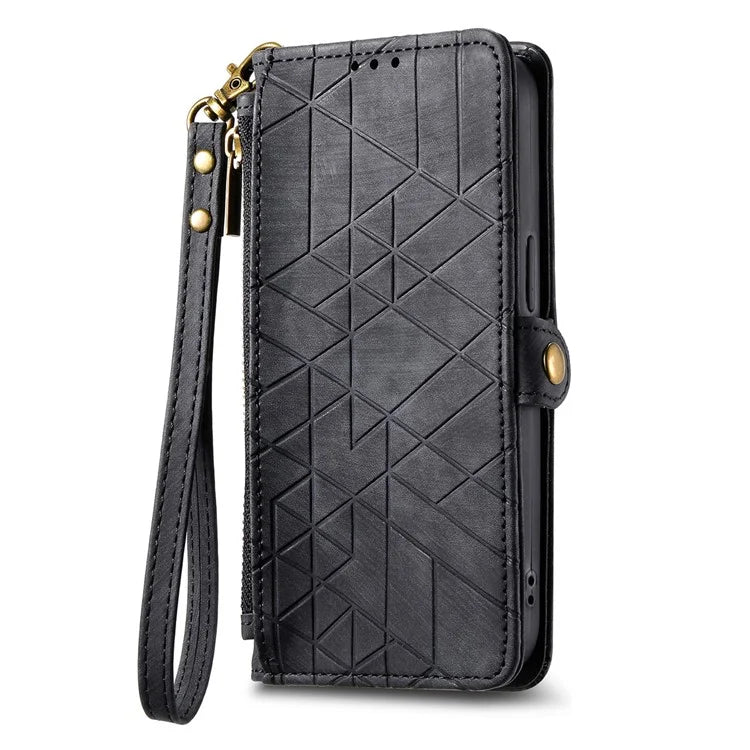 For Samsung Galaxy S23 Case Geometry Zipper Wallet Leather Phone Cover with Wrist Strap