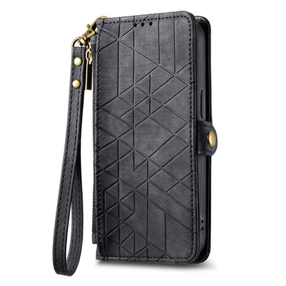 For Samsung Galaxy S23 Case Geometry Zipper Wallet Leather Phone Cover with Wrist Strap