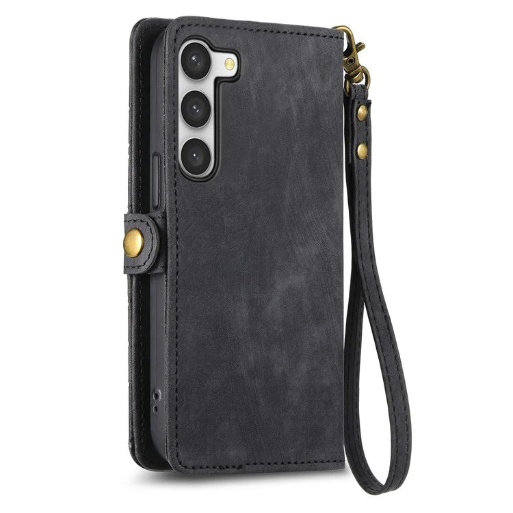 For Samsung Galaxy S23 Case Geometry Zipper Wallet Leather Phone Cover with Wrist Strap