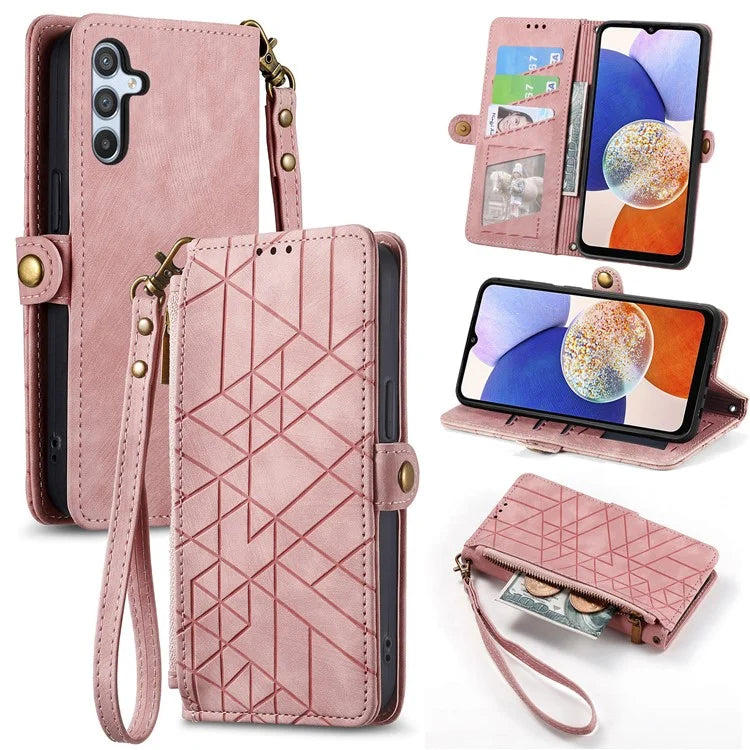 For Samsung Galaxy A14 5G / 4G Case Geometry Leather Zipper Wallet Phone Cover