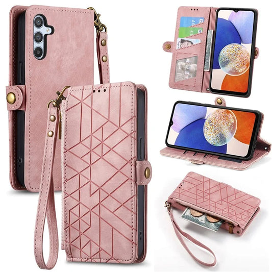 For Samsung Galaxy A14 5G / 4G Case Geometry Leather Zipper Wallet Phone Cover