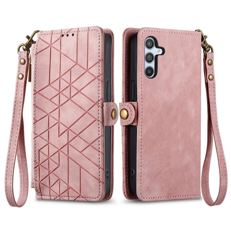 For Samsung Galaxy A14 5G / 4G Case Geometry Leather Zipper Wallet Phone Cover