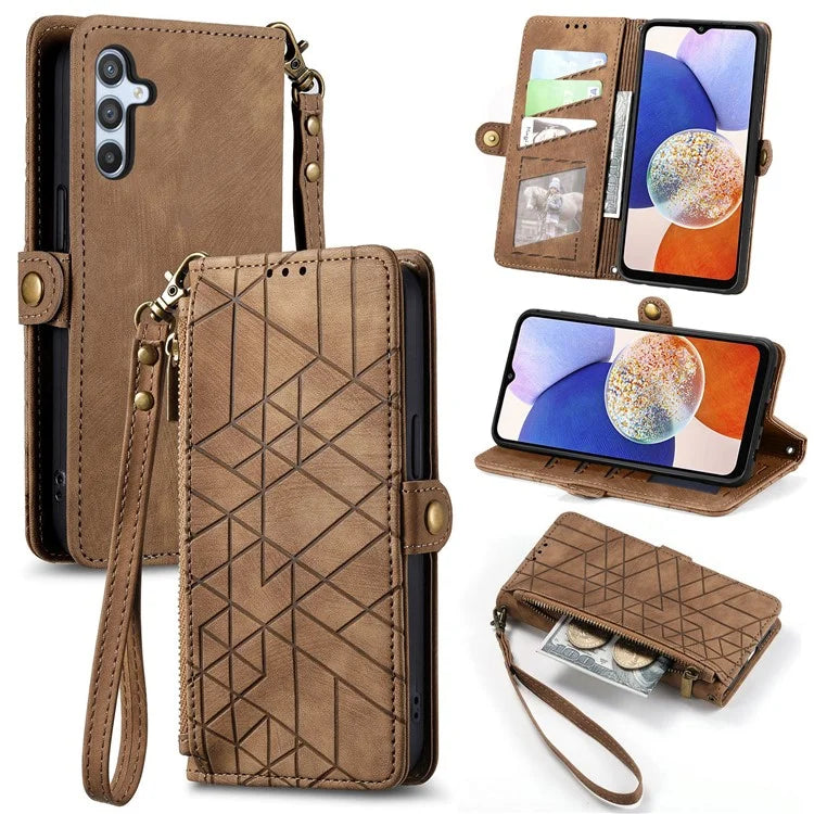 For Samsung Galaxy A14 5G / 4G Case Geometry Leather Zipper Wallet Phone Cover