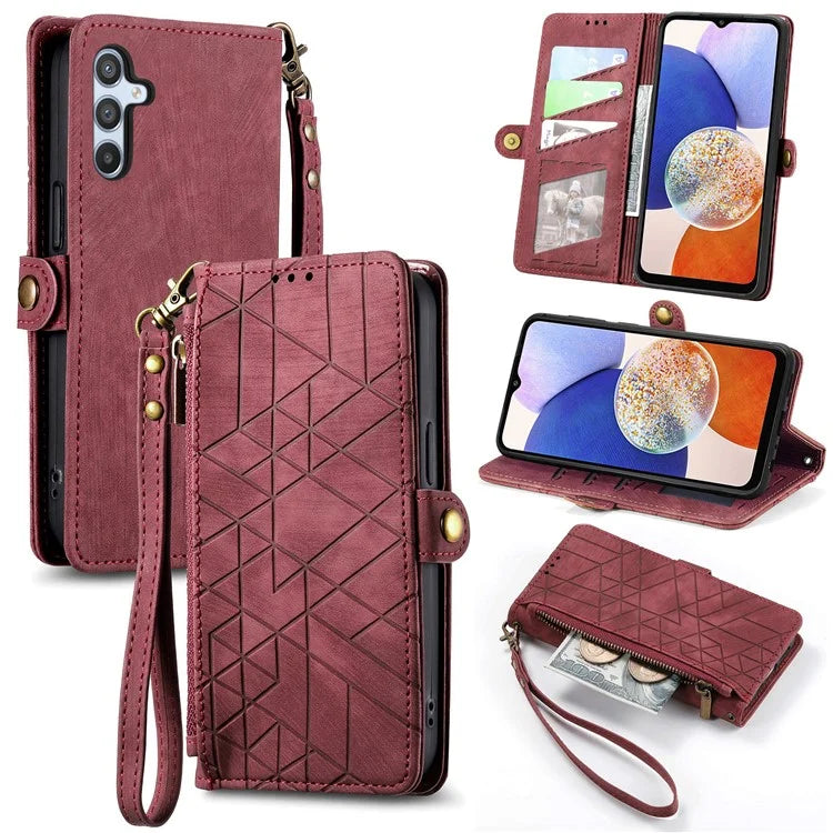 For Samsung Galaxy A14 5G / 4G Case Geometry Leather Zipper Wallet Phone Cover