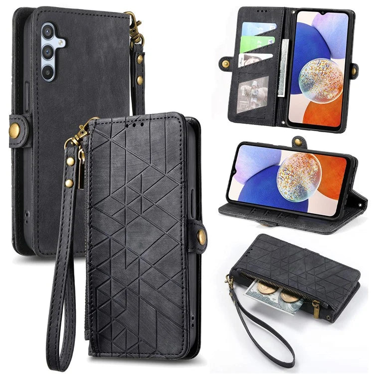 For Samsung Galaxy A14 5G / 4G Case Geometry Leather Zipper Wallet Phone Cover