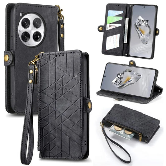 For OnePlus 12 5G Case Geometry Leather Wallet Phone Cover Zipper Handbag