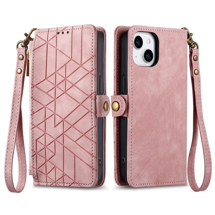 Stand Case for iPhone 14 Geometry Leather Zipper Wallet Phone Cover with Wrist Strap