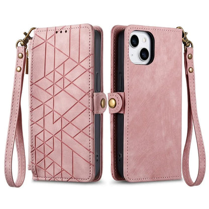 Stand Case for iPhone 14 Geometry Leather Zipper Wallet Phone Cover with Wrist Strap