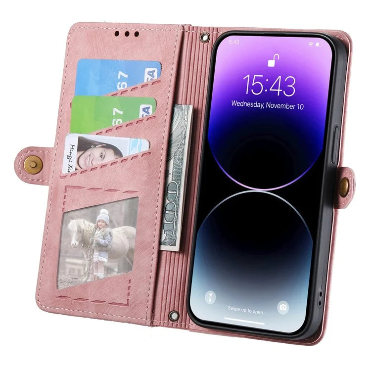 Stand Case for iPhone 14 Geometry Leather Zipper Wallet Phone Cover with Wrist Strap