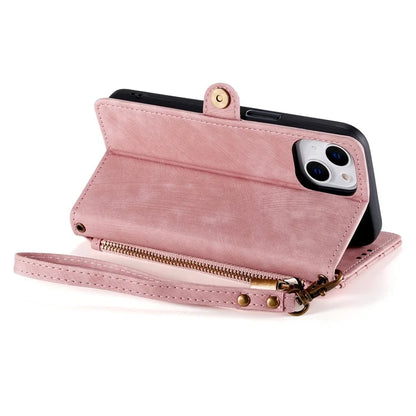 Stand Case for iPhone 14 Geometry Leather Zipper Wallet Phone Cover with Wrist Strap