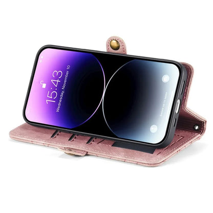 Stand Case for iPhone 14 Geometry Leather Zipper Wallet Phone Cover with Wrist Strap
