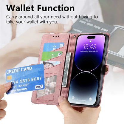 Stand Case for iPhone 14 Geometry Leather Zipper Wallet Phone Cover with Wrist Strap