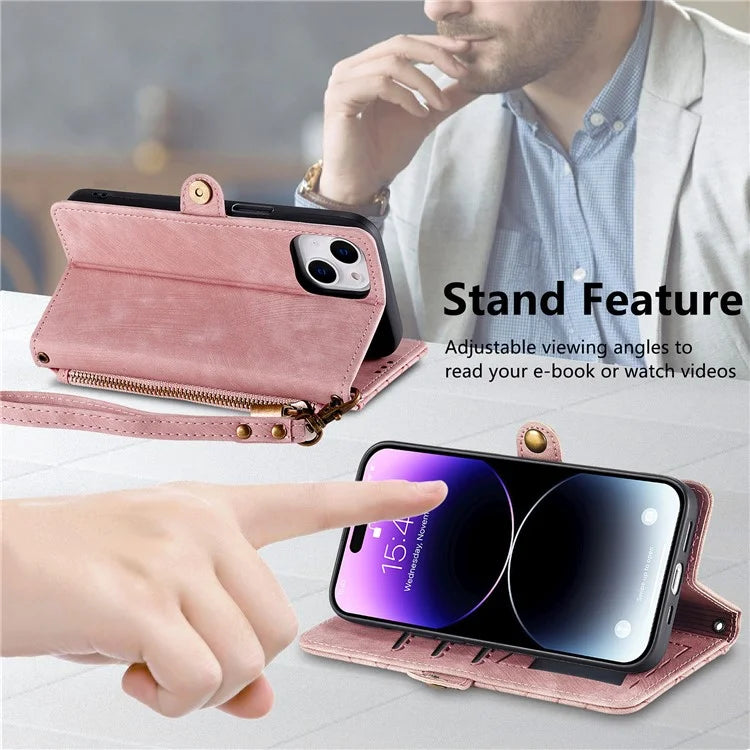 Stand Case for iPhone 14 Geometry Leather Zipper Wallet Phone Cover with Wrist Strap