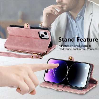 Stand Case for iPhone 14 Geometry Leather Zipper Wallet Phone Cover with Wrist Strap