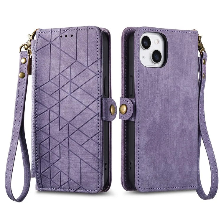 Stand Case for iPhone 14 Geometry Leather Zipper Wallet Phone Cover with Wrist Strap