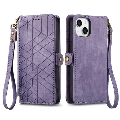 Stand Case for iPhone 14 Geometry Leather Zipper Wallet Phone Cover with Wrist Strap