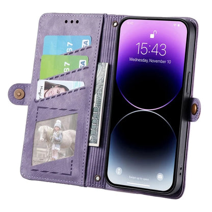 Stand Case for iPhone 14 Geometry Leather Zipper Wallet Phone Cover with Wrist Strap