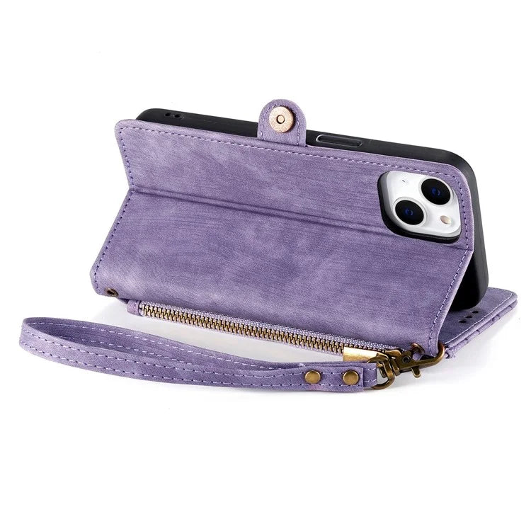 Stand Case for iPhone 14 Geometry Leather Zipper Wallet Phone Cover with Wrist Strap