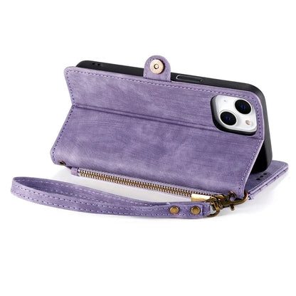 Stand Case for iPhone 14 Geometry Leather Zipper Wallet Phone Cover with Wrist Strap