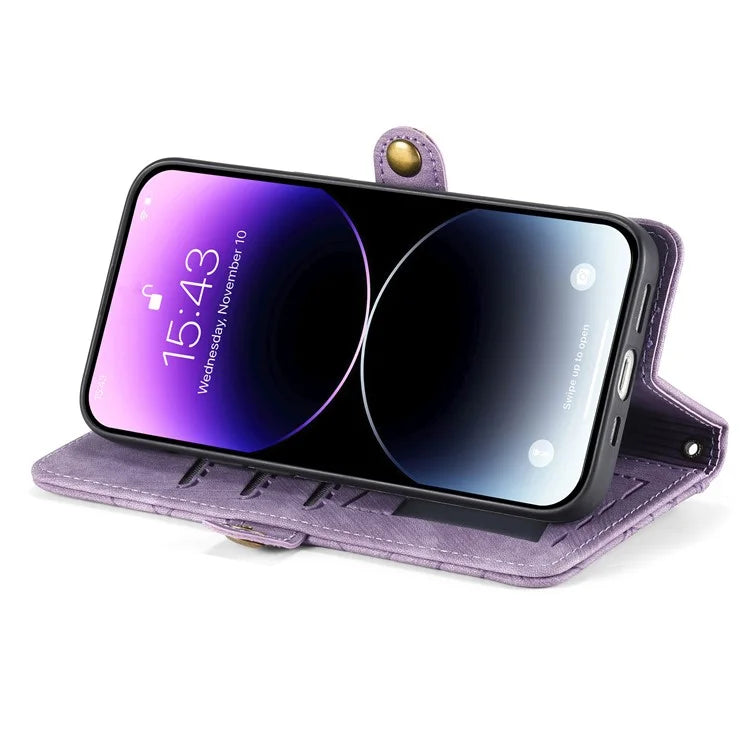 Stand Case for iPhone 14 Geometry Leather Zipper Wallet Phone Cover with Wrist Strap