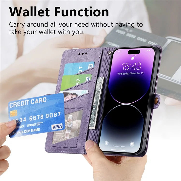 Stand Case for iPhone 14 Geometry Leather Zipper Wallet Phone Cover with Wrist Strap