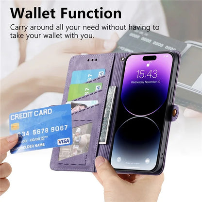 Stand Case for iPhone 14 Geometry Leather Zipper Wallet Phone Cover with Wrist Strap