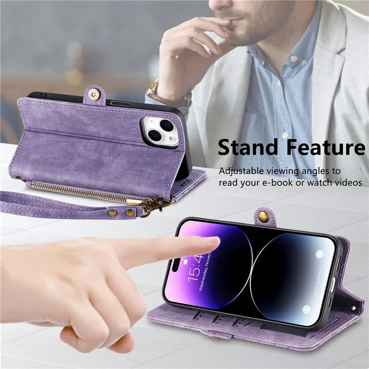 Stand Case for iPhone 14 Geometry Leather Zipper Wallet Phone Cover with Wrist Strap