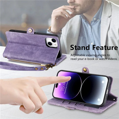 Stand Case for iPhone 14 Geometry Leather Zipper Wallet Phone Cover with Wrist Strap