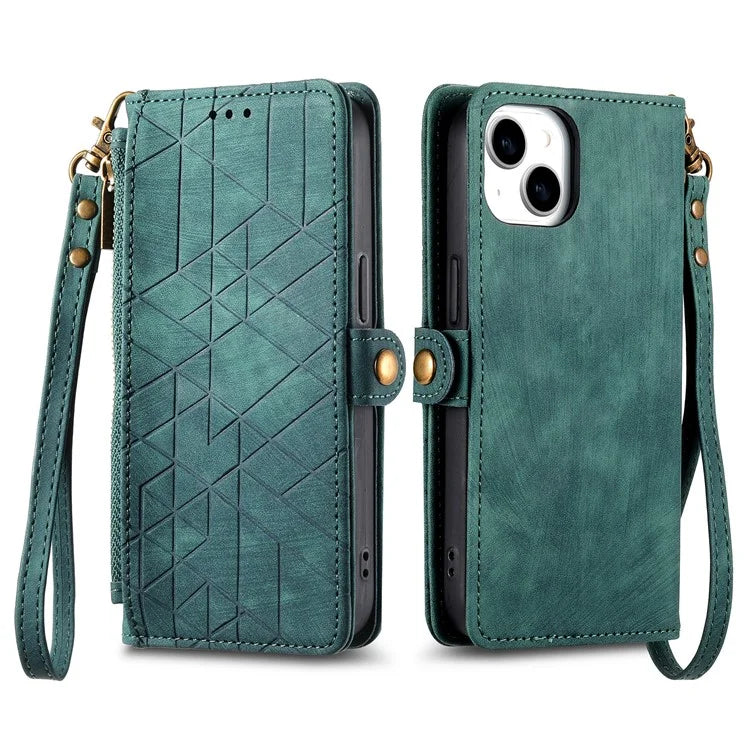 Stand Case for iPhone 14 Geometry Leather Zipper Wallet Phone Cover with Wrist Strap