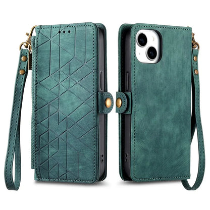 Stand Case for iPhone 14 Geometry Leather Zipper Wallet Phone Cover with Wrist Strap