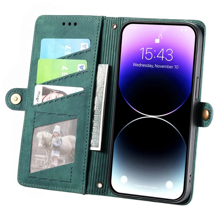 Stand Case for iPhone 14 Geometry Leather Zipper Wallet Phone Cover with Wrist Strap