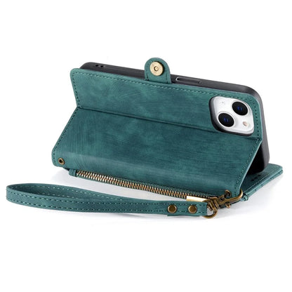 Stand Case for iPhone 14 Geometry Leather Zipper Wallet Phone Cover with Wrist Strap