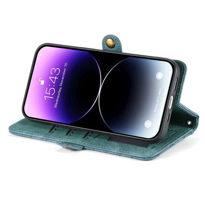 Stand Case for iPhone 14 Geometry Leather Zipper Wallet Phone Cover with Wrist Strap