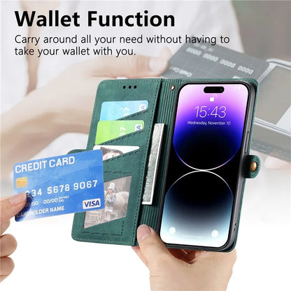 Stand Case for iPhone 14 Geometry Leather Zipper Wallet Phone Cover with Wrist Strap