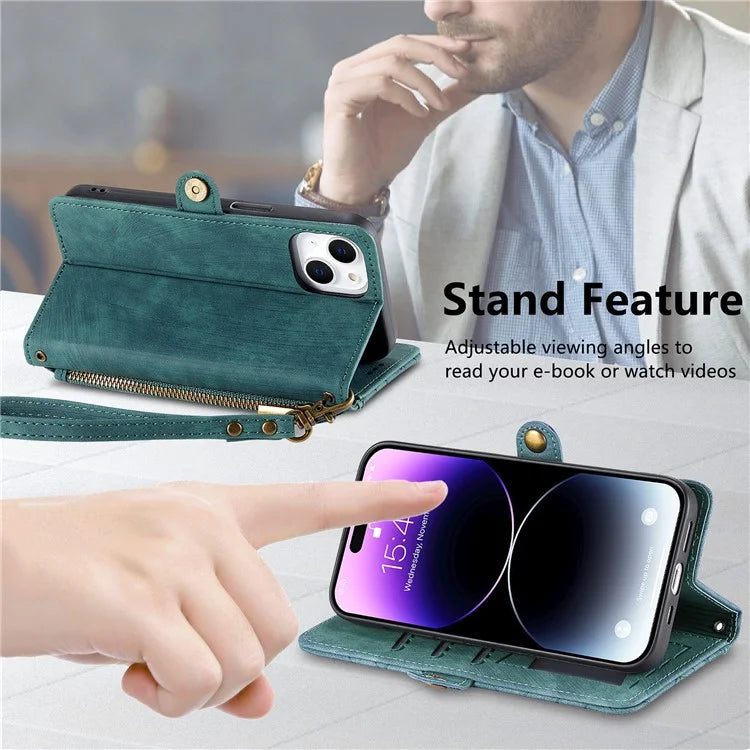 Stand Case for iPhone 14 Geometry Leather Zipper Wallet Phone Cover with Wrist Strap