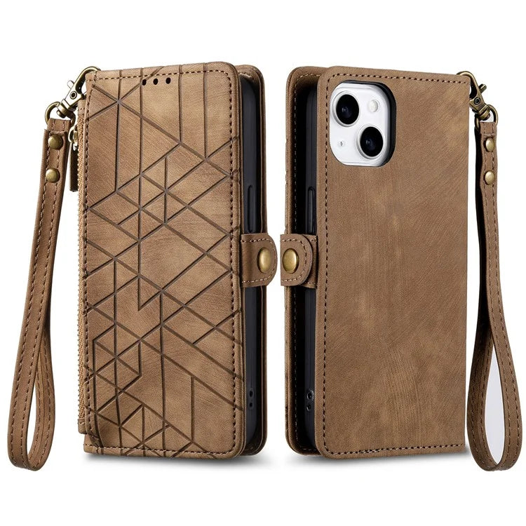 Stand Case for iPhone 14 Geometry Leather Zipper Wallet Phone Cover with Wrist Strap