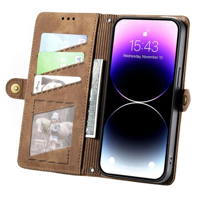 Stand Case for iPhone 14 Geometry Leather Zipper Wallet Phone Cover with Wrist Strap