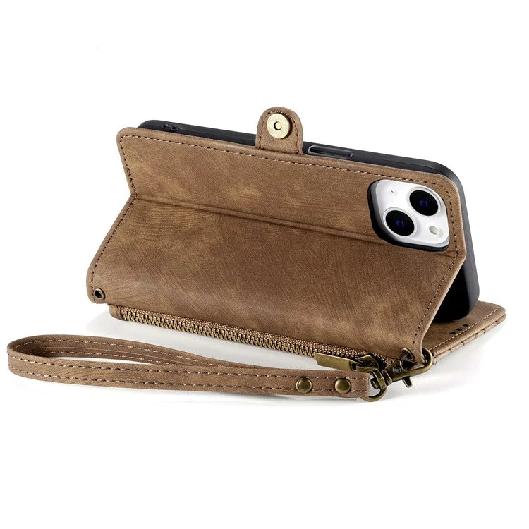 Stand Case for iPhone 14 Geometry Leather Zipper Wallet Phone Cover with Wrist Strap