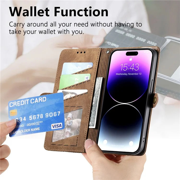 Stand Case for iPhone 14 Geometry Leather Zipper Wallet Phone Cover with Wrist Strap