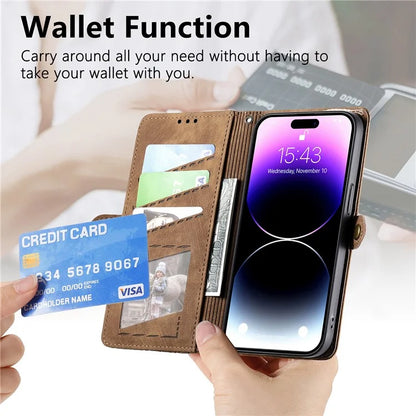 Stand Case for iPhone 14 Geometry Leather Zipper Wallet Phone Cover with Wrist Strap
