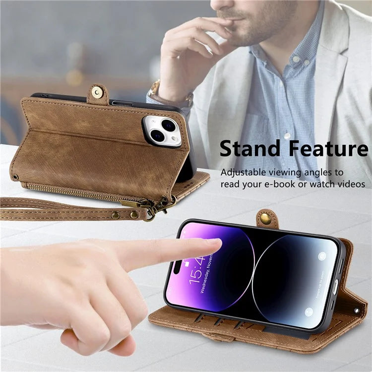 Stand Case for iPhone 14 Geometry Leather Zipper Wallet Phone Cover with Wrist Strap
