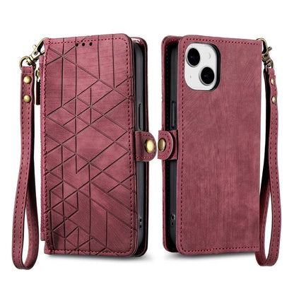 Stand Case for iPhone 14 Geometry Leather Zipper Wallet Phone Cover with Wrist Strap