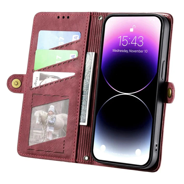 Stand Case for iPhone 14 Geometry Leather Zipper Wallet Phone Cover with Wrist Strap