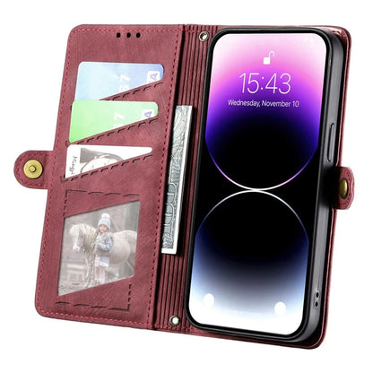 Stand Case for iPhone 14 Geometry Leather Zipper Wallet Phone Cover with Wrist Strap