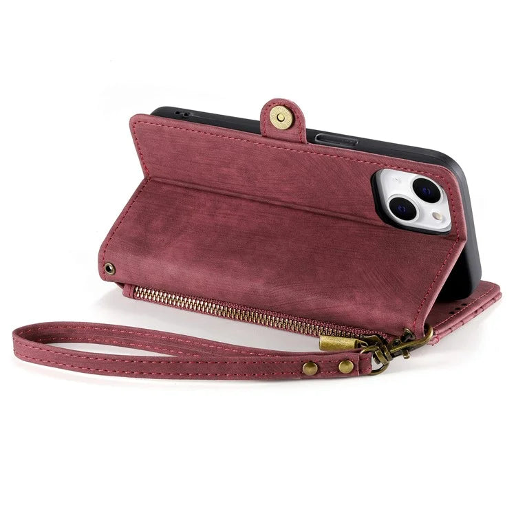 Stand Case for iPhone 14 Geometry Leather Zipper Wallet Phone Cover with Wrist Strap