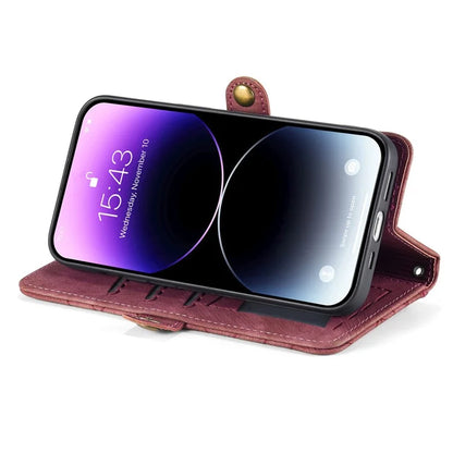 Stand Case for iPhone 14 Geometry Leather Zipper Wallet Phone Cover with Wrist Strap