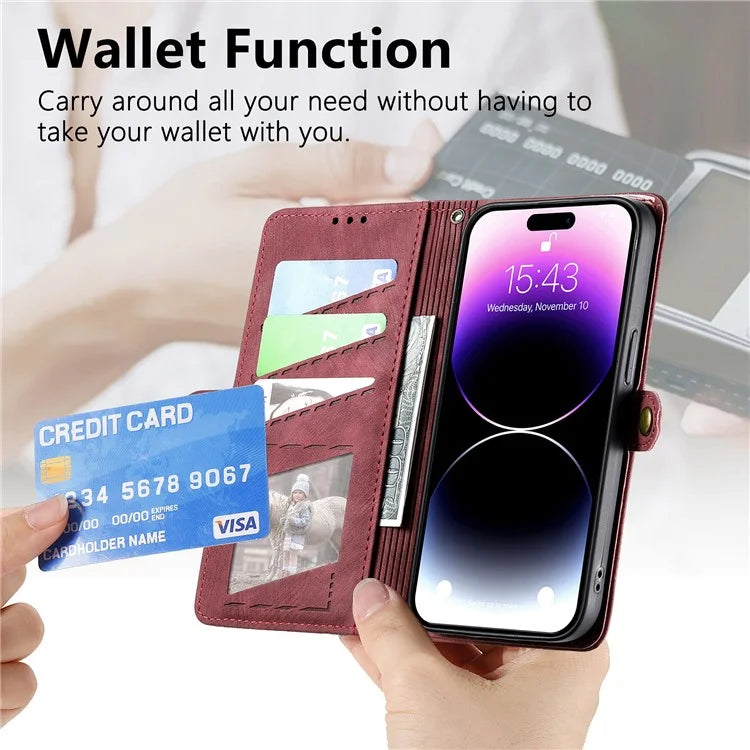 Stand Case for iPhone 14 Geometry Leather Zipper Wallet Phone Cover with Wrist Strap
