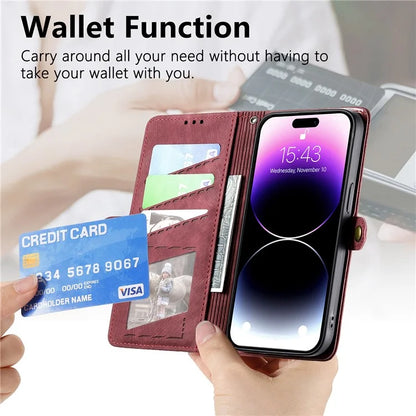 Stand Case for iPhone 14 Geometry Leather Zipper Wallet Phone Cover with Wrist Strap
