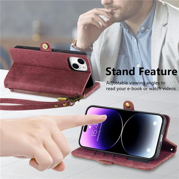 Stand Case for iPhone 14 Geometry Leather Zipper Wallet Phone Cover with Wrist Strap